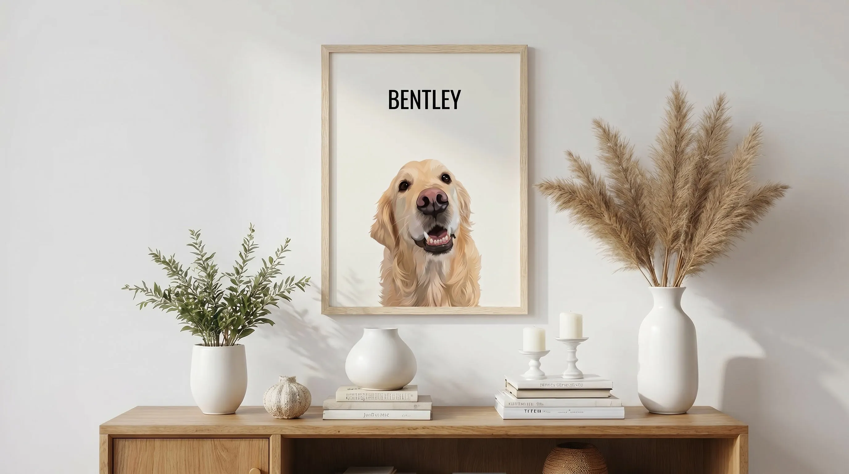 Framed picture of a dog named Bentley on a wall above a wooden console table with decorative items.