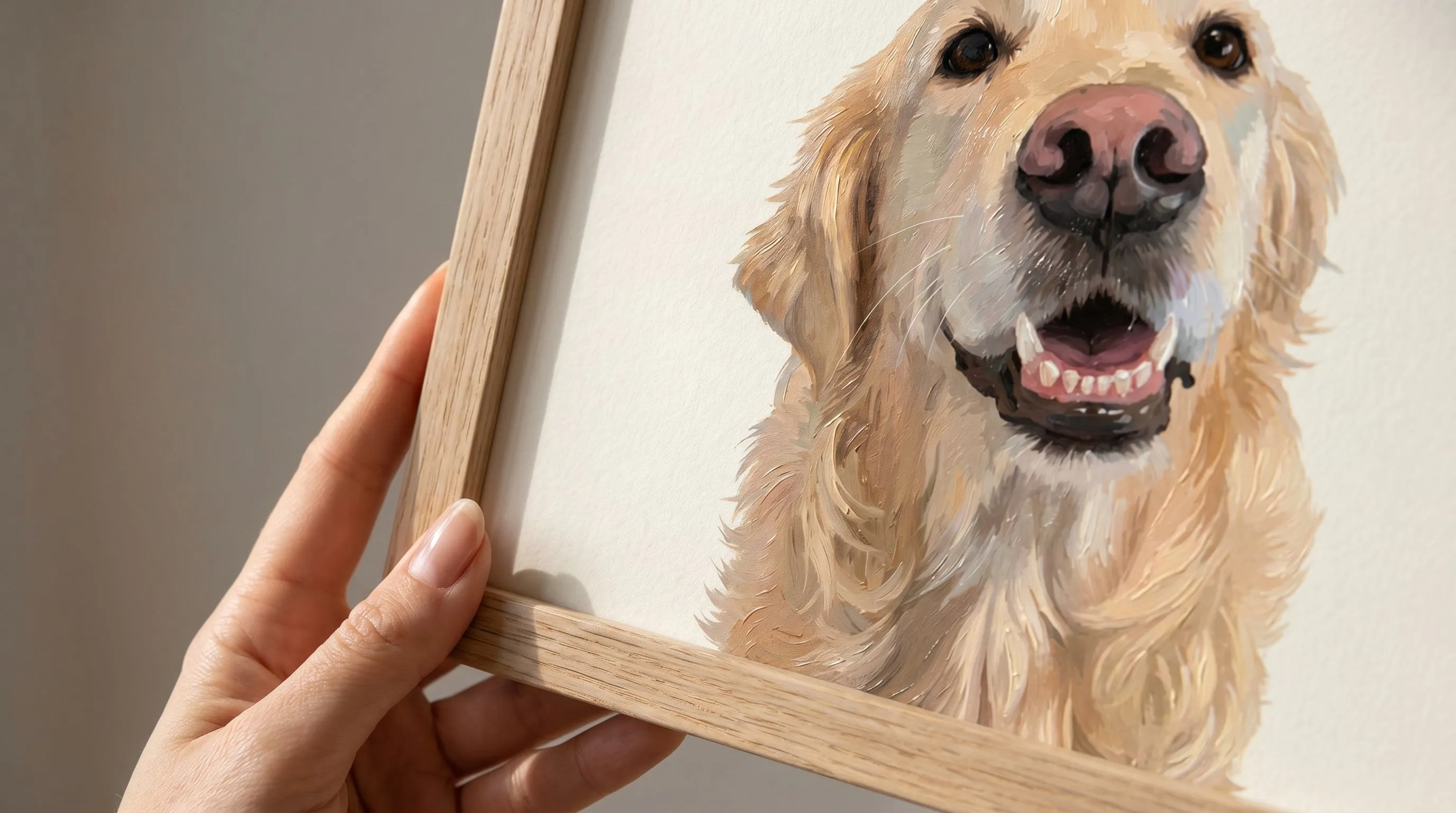 Hand holding a framed portrait of a smiling dog against a plain background (Bentley)