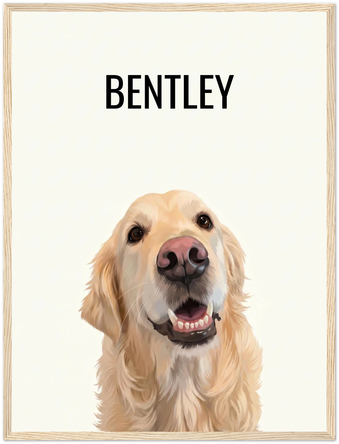 Poster of a golden retriever named Bentley with a wooden frame.