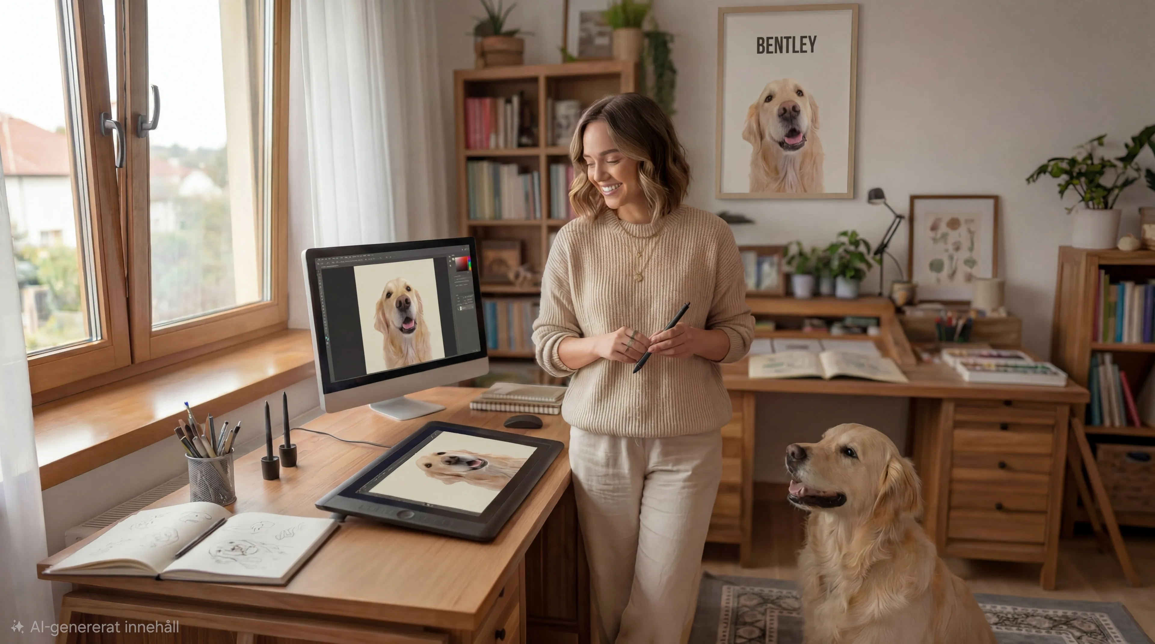 Woman standing in a digital art home office with a golden retriver dog  (Bentley) sitting on the floor with his potrait in the backround