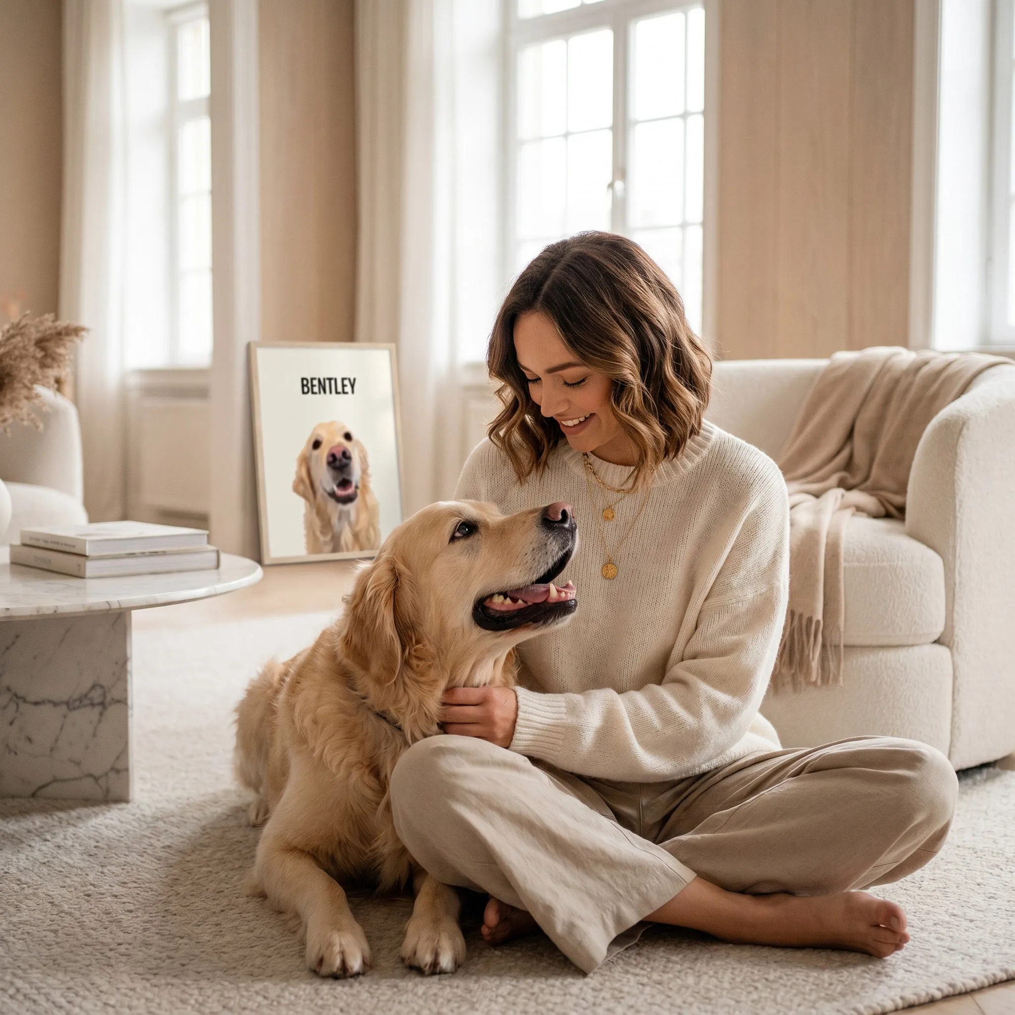 Woman (Emma) sitting on the floor with a golden retriever (Bentley) in a cozy living room.