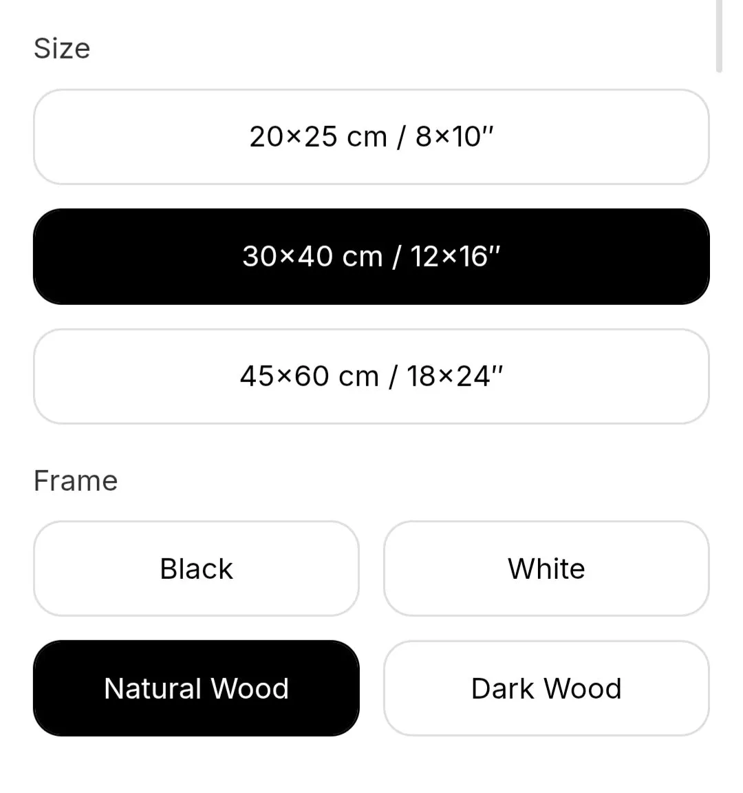 Size and frame options for a product display with dimensions and color choices.