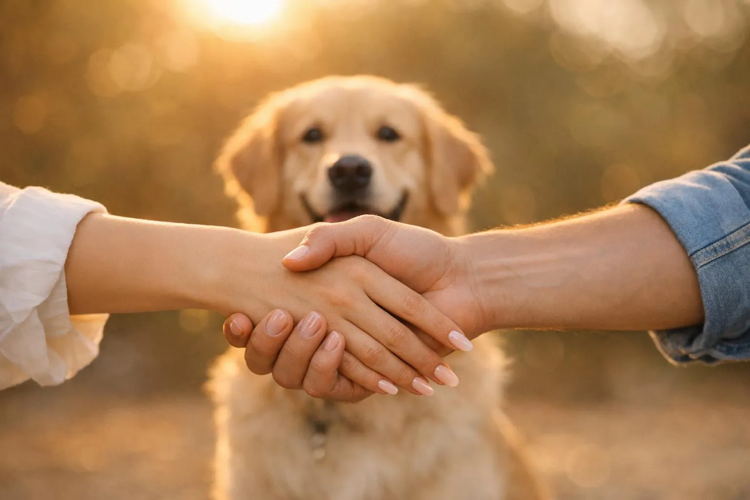 Two people shaking hands with a dog in the background
